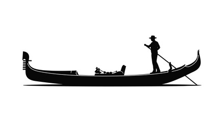 A striking black silhouette of a gondolier propelling a traditional venetian boat along calm waters silhouette high quality © nhpvect02