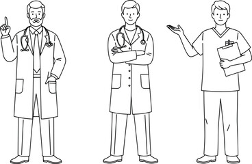 Male doctor and nurse line art set, healthcare professionals characters, medical staff outline illustration, hospital workers vector collection