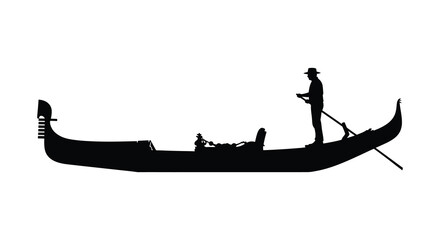 A striking black silhouette of a gondola and gondolier navigating calm waters conveying venetian romance silhouette high quality © nhpvect02