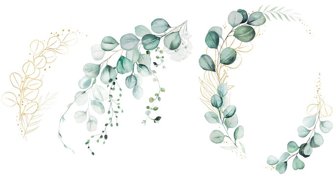Hand drawn watercolor eucalyptus wreath and bouquets set for wedding and baby shower invitations