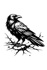 Obraz premium Striking Black Raven Art Illustration: Majestic Corvid Perched on Gnarled Branches, Featuring a Bold Monochrome Design with Artistic Ink Splatters, Evoking a Mysterious and Gothic Aesthetic for Nature