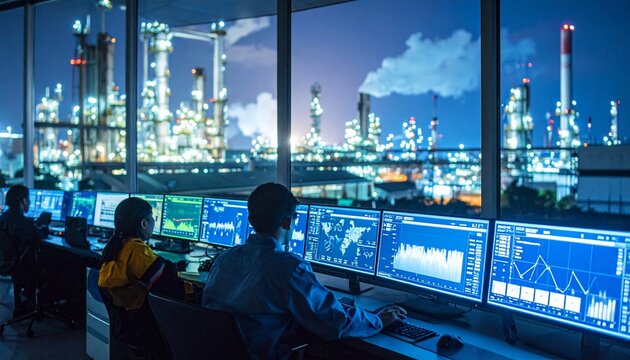 Control Room Overseeing Industrial Plant Operations at Night.