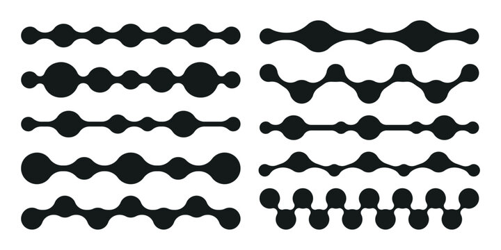 Abstract metaball borders. Spotted liquid graphic dividers, connected curved molecule figures flat vector illustration set. Metaball borders design elements isolated on white