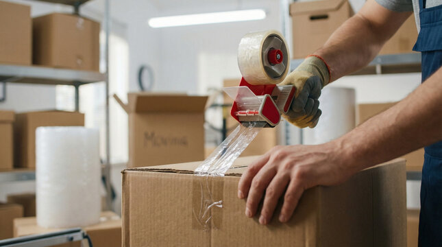 Man taping cardboard box shut in warehouse during packing process  