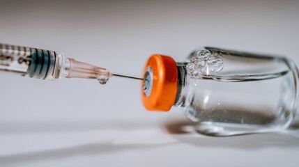 Close-up of a Syringe with a Drop of Liquid on its Needle Tip Drawing Medicine from a Glass Vial with an Orange Cap on a White Background