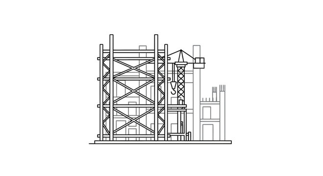 Detailed illustration showcases a building under construction featuring extensive scaffolding and an active crane, emphasizing the complex engineering and development processes essential for modern ur