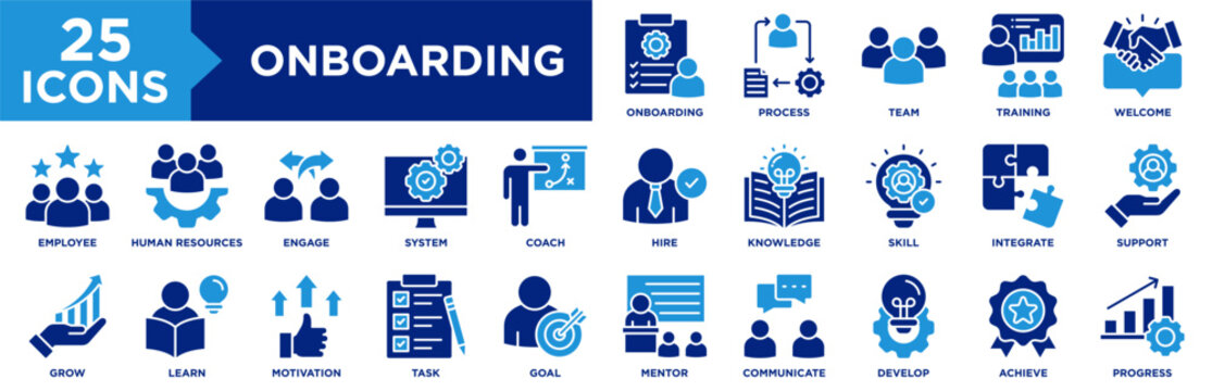 Onboarding Icon Set Collection. Icon Pack Contain Training, Learn, Progress, Team, Process, Human Resources, Support, Employee, Integrate, Skill