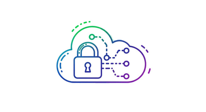 Vibrant gradient outline icon illustrating secure cloud computing and data protection, featuring a prominent padlock safeguarding sensitive information within a connected digital network, symbolizing 