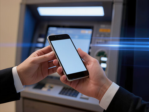 Businessman using smartphone for mobile banking and contactless payment at an ATM showing digital transaction and finance technology