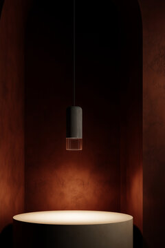 Podio circular con luz cenital en nicho oscuro de hormig&oacute;n, Escenario elegante y minimalista para exposici&oacute;n de lujo, Decoraci&oacute;n de interior minimalista con enfoque de producto exclusivo