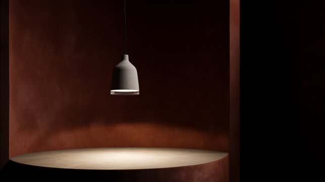 L&aacute;mpara colgante de hormig&oacute;n sobre base circular pared textura roja, Ambiente elegante minimalista con iluminaci&oacute;n moderna de lujo, Fondo de producto de lujo escaparate exclusivo alta gama