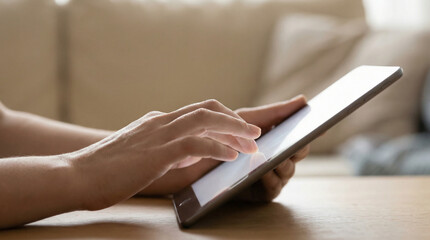 Fototapeta premium Fingers swiping photo on screen of tablet at home on wooden table 