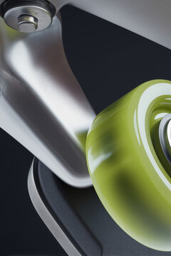 Rueda verde de skateboard con eje met&aacute;lico sobre fondo negro, Componente de alta tecnolog&iacute;a con dise&ntilde;o elegante minimalista, Fondo moderno para banner publicitario de tecnolog&iacute;a innovaci&oacute;n
