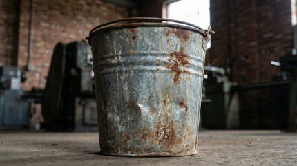Fototapeta premium Rusty bucket with stains in industrial setting on floor 