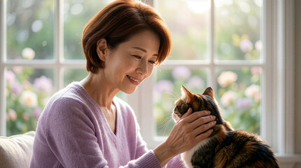 シニア女性が飼い猫を愛おしく撫でている