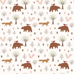 Fototapeta premium woodland animals seamless pattern with bear fox squirrel forest trees