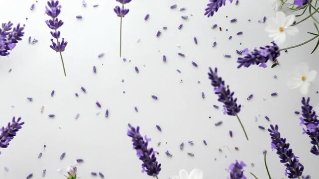 Elegant arrangement of lavender flowers and delicate white blossoms on a clean white background.