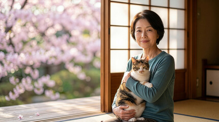 シニア女性が飼い猫を愛おしく撫でている