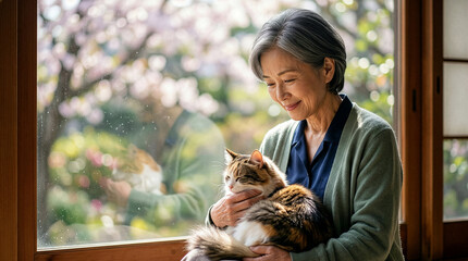 シニア女性が飼い猫を愛おしく撫でている