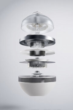 Altavoz inal&aacute;mbrico desarmado dise&ntilde;o minimalista, Gadget premium de audio desarmado dise&ntilde;o elegante, Interior de un gadget de sonido moderno en blog