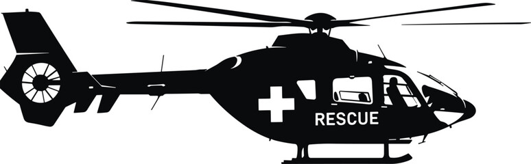 rescue helicopter silhouette vector illustration, emergency medical chopper aircraft icon, air ambulance transport vehicle, search and rescue aviation symbol, isolated black rotorcraft design © MstSalema