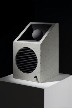 Objeto de hormig&oacute;n con rejilla y esfera dise&ntilde;o minimalista, Escultura de hormig&oacute;n dise&ntilde;o moderno arte elegante, Mockup de objeto geom&eacute;trico con espacio para texto y logotipo