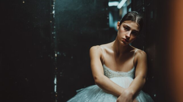 Young Ballerina Sitting Pensively Backstage in a Dimly Lit Theater Dressing Room After Performance