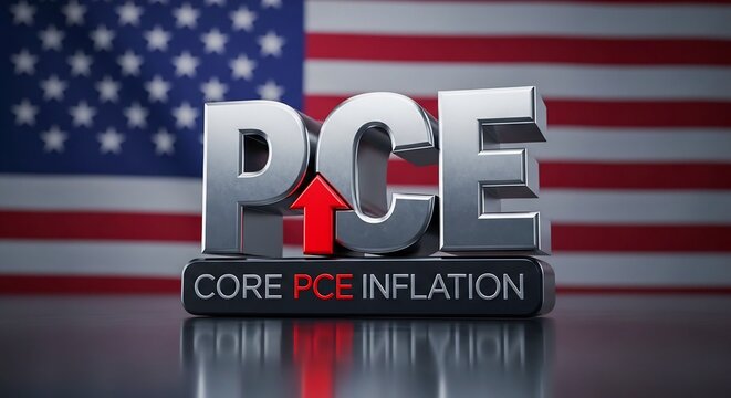 Core PCE Inflation Text in 3D with American Flag, Core PCE Inflation Data, US Economic Indicator Concept