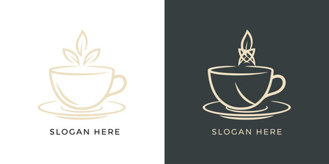 Obraz premium Elegant Coffee Cup Logo Design with Leaf and Candle Elements.