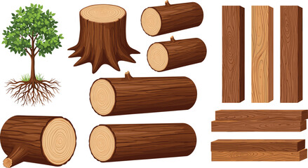 Tree, Wood Logs, Timber Planks and Tree Stump Collection Showing Natural Forest Lumber Materials for Carpentry, Construction and Woodworking © Moslama