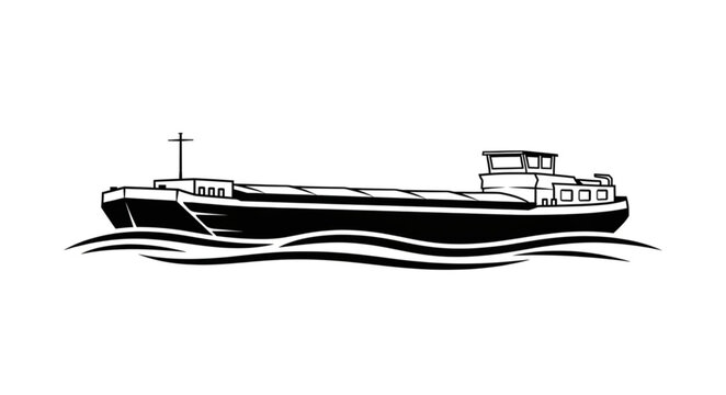 Black and white illustration of a cargo ship sailing on the water, transporting goods.