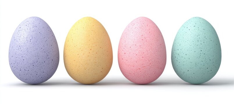 Four pastel-colored eggs in a row against a white background, each with speckled texture