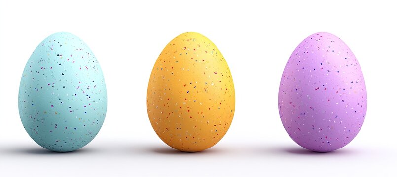 Three speckled eggs stand in a row, each a different pastel color against a white background