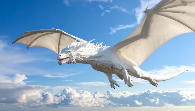 A white dragon soars majestically through a blue sky with fluffy white clouds