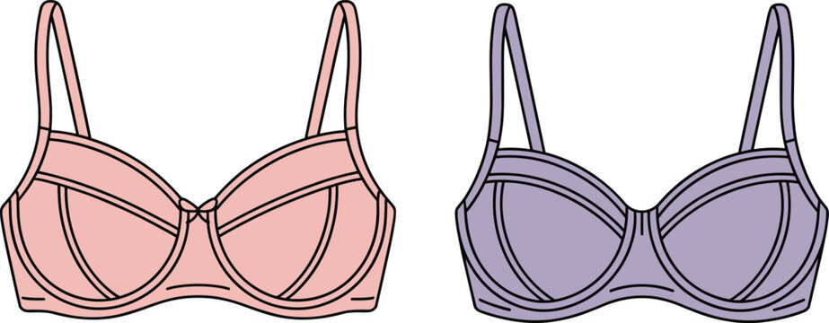 Women underwire bra set technical fashion illustration, classic lingerie bra front view apparel template, feminine underwear design line drawing