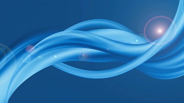 Abstract flowing blue wave with light flares and bokeh effects on a solid background