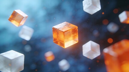 Floating Crystal Cubes in Orange and White on Blue Background