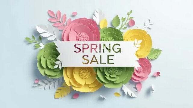 Bright paper cut spring sale banner with pastel floral bouquet and layered leaves. decorative paper flowers on a soft background for seasonal promotion and retail advertising