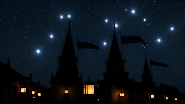 Night sky above building architecture displaying illuminated elements