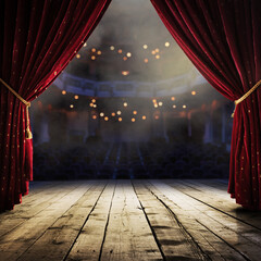 Stage is set for a dramatic performance with red curtains and soft lights in a theater at night