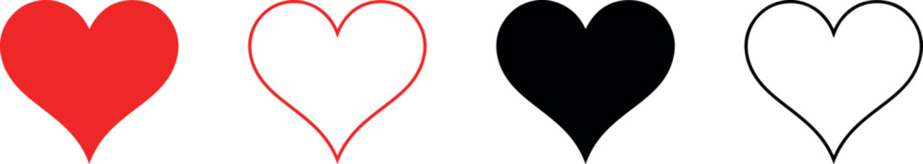 Four different heart shapes in red black and white colors for love symbols