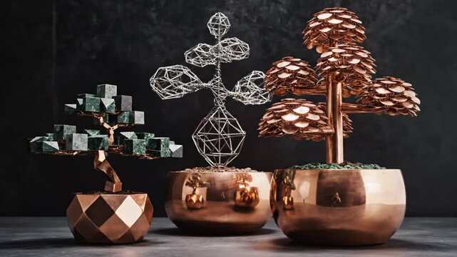 Three trees in metallic pots are displayed on a table against a dark background from a front viewpoint.