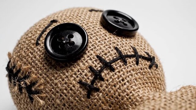 Creepy burlap voodoo doll with button eyes on white background