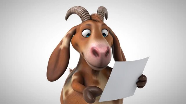 Cute 3D animated goat reading document on white background