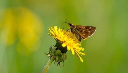 A small brown butterfly rests atop a vibrant yellow dandelion against a blurred green background in natural light