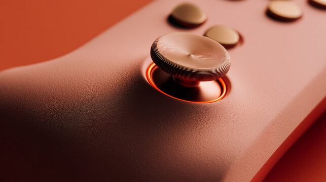 Mando de videojuegos joystick con luz naranja y botones dorados, Mando gaming de alta gama con dise&ntilde;o moderno y elegante, Detalle de control de videojuegos con iluminaci&oacute;n naranja