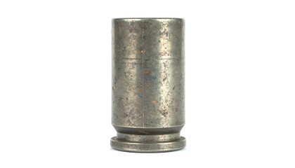 An aged metal cylindrical object on white. The object has a cylindrical body with a stepped base. Some surface imperfections are visible