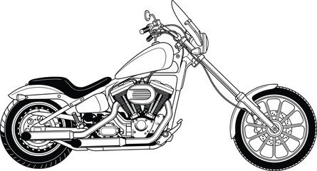 Custom chopper motorcycle detailed line art illustration, classic cruiser motorbike side view with vintage style design isolated on white background vector © MostArjuma