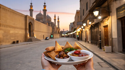 Fototapeta premium Ramadan food spread with mosque and historic street at sunset, Egypt