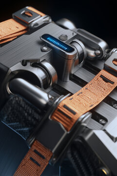 Detalle de dispositivo electr&oacute;nico industrial con correas y pantalla digital, Dise&ntilde;o industrial premium de alta tecnolog&iacute;a fondo oscuro, Fondo abstracto para publicidad de productos de ingenier&iacute;a